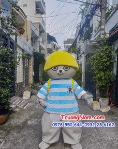 Mascot gấu xám  áo sọc nón vàng BALO VÀNG