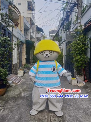 Mascot gấu xám  áo sọc nón vàng BALO VÀNG