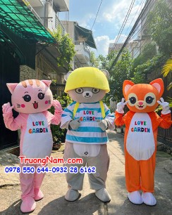 Mascot mèo hồng LOVE GARDEN - Mascot gấu xám nón vàng tiktok LOVE GARDEN -Mascot mèo cam LOVE GARDEN