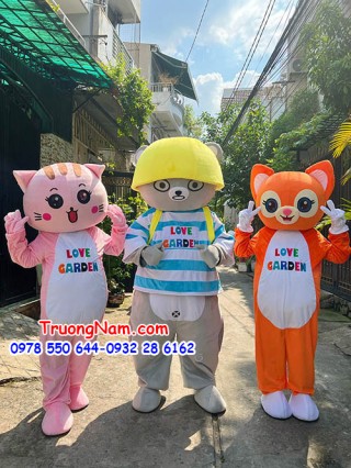 Mascot mèo hồng LOVE GARDEN - Mascot gấu xám nón vàng tiktok LOVE GARDEN -Mascot mèo cam LOVE GARDEN